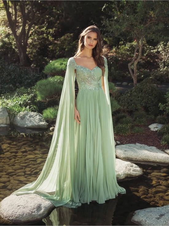 Mac Duggal Dresses & Skirts - Mac Duggal 37034 Green Embellished Chiffon Cape Sleeve A Line Gown sz 16
